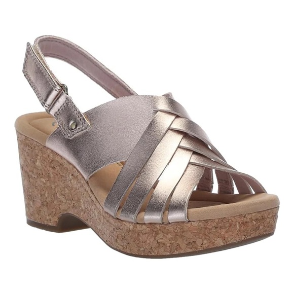 Clarks Shoes - Clarks Metallic Rose Gold Wedge Sandals